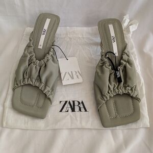 NWT ZARA Khaki Green Square Open Peep Toe Mule Sandal w/ Kitten Heel Size 6.5